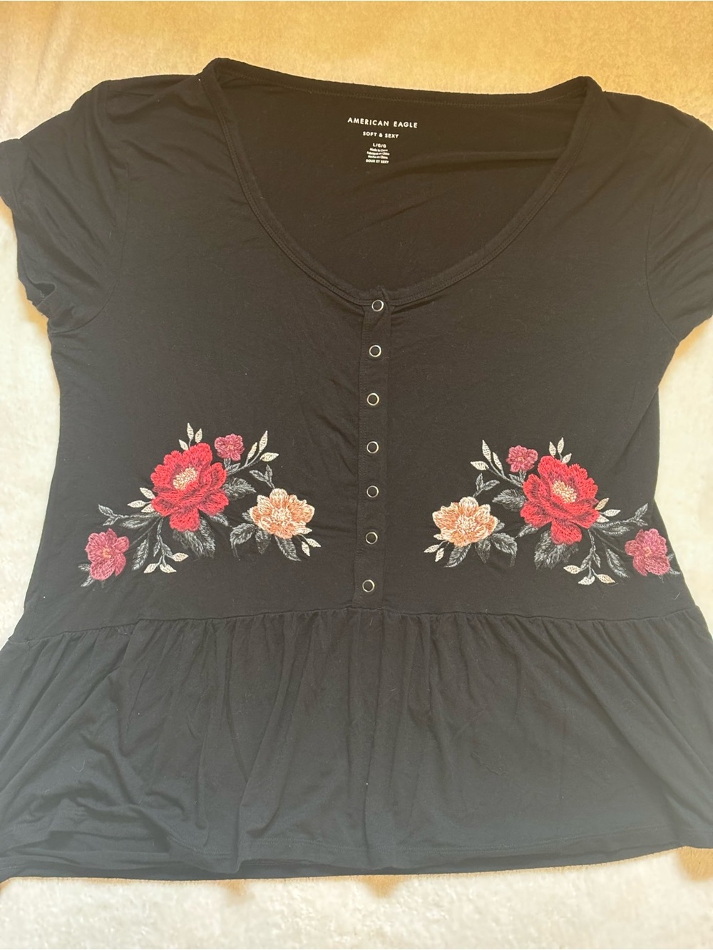 American Eagle Outfitters Black Peplum Top with Red & Coral Floral Embroidery